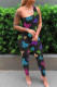 Black Fashion Casual Letter Print Backless One Shoulder Skinny Jumpsuits