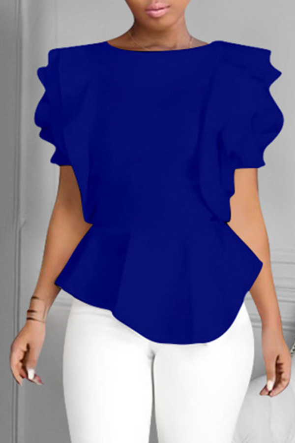Royal Blue Fashion Casual Solid Patchwork O Neck Tops