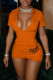Orange Fashion Casual Letter Print Basic Zipper Collar Skinny Romper