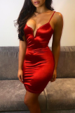 Red Sexy Solid Patchwork Spaghetti Strap Pencil Skirt Dresses