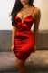 Red Sexy Solid Patchwork Spaghetti Strap Pencil Skirt Dresses