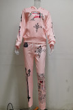 Pink Fashion Casual Adult Print Split Joint Hooded Collar Long Sleeve Regular Sleeve Regular Two Pieces