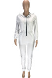 White Fashion Casual Adult Solid Draw String Hooded Collar Skinny Jumpsuits