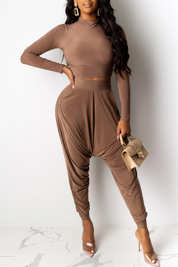 Coffee Fashion Casual Solid Basic O Neck Long Sleeve Two Pieces