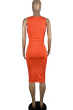 Tangerine Red Sexy Solid Patchwork Fold V Neck One Step Skirt Dresses