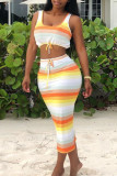 Orange Sexy Casual Striped Print Basic U Neck Sleeveless Two Pieces