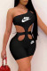 Black Fashion Casual Print Patchwork One Shoulder Rompers