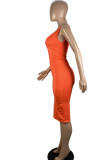 Tangerine Red Sexy Solid Patchwork Fold V Neck One Step Skirt Dresses