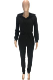 Black Fashion Casual Adult Solid Draw String Hooded Collar Skinny Jumpsuits
