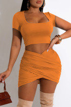 Orange Sexy Solid Split Joint U Neck Short Sleeve Two Pieces