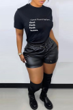 Black Casual Sportswear Print Split Joint Letter O Neck T-Shirts