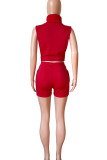Red Sexy Solid Embroidered Hollowed Out Patchwork Turtleneck Sleeveless Two Pieces