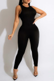 Black Casual Sportswear Solid Basic O Neck Skinny Jumpsuits