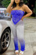 Blue Fashion Sexy Print Backless Fold Asymmetrical Strapless Sleeveless Two Pieces