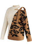 Brown Sexy Leopard Webbing Patchwork Turtleneck Tops