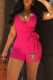 Rose Red Fashion Sexy Print Patchwork V Neck Rompers