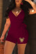 Purplish Red Fashion Sexy Print Patchwork V Neck Rompers