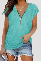 Light Green Fashion Casual Solid Split Joint Zipper V Neck T-Shirts