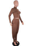 Coffee Fashion Casual Solid Basic O Neck Long Sleeve Two Pieces