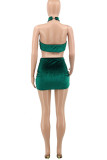 Green Sexy Solid Patchwork See-through Backless Sleeveless Two Pieces
