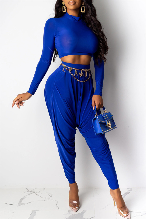 Blue Fashion Casual Solid Basic O Neck Long Sleeve Two Pieces