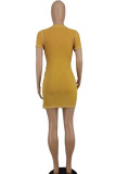 Yellow Sexy Solid Patchwork Zipper O Neck Pencil Skirt Dresses