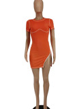 Yellow Sexy Solid Patchwork Zipper O Neck Pencil Skirt Dresses