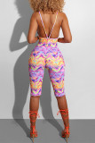 Purple Fashion Sexy Print Backless V Neck Skinny Romper