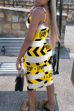 Yellow Fashion Sexy Print Backless Spaghetti Strap Sleeveless Dress Dresses