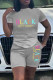 Grey Fashion Casual Letter Print Basic O Neck Short Sleeve Two Pieces