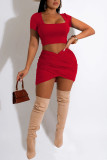Red Sexy Solid Split Joint U Neck Short Sleeve Two Pieces