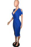 Blue Fashion Casual Solid Hollowed Out Slit V Neck Short Sleeve Dress