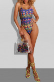 Blue Fashion Sexy Print Backless Swimwears