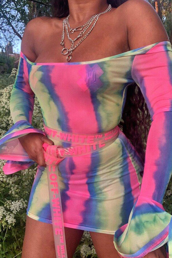 Colour Sexy Print Patchwork Off the Shoulder Dresses