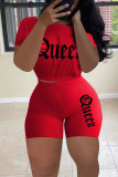 Red Casual Print Patchwork O Neck Short Sleeve Two Pieces