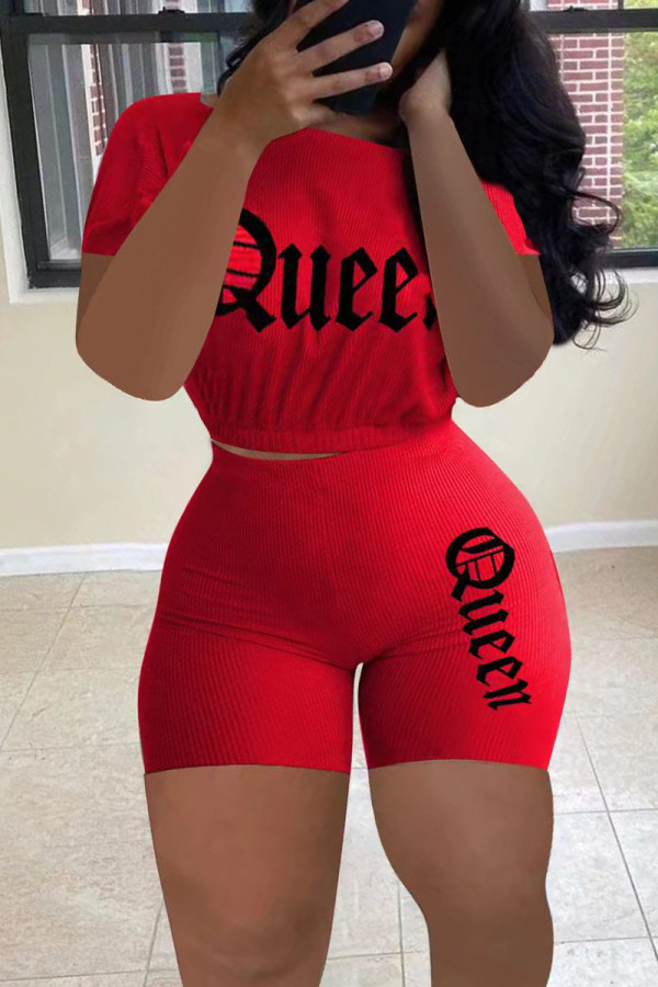 Red Casual Print Patchwork O Neck Short Sleeve Two Pieces
