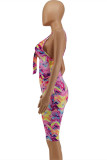 Purple Fashion Sexy Print Backless V Neck Skinny Romper