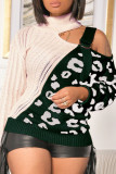 Brown Sexy Leopard Webbing Patchwork Turtleneck Tops