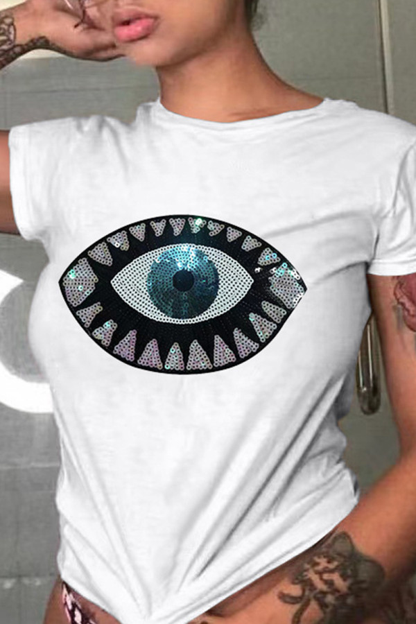 White Fashion Casual Patchwork Sequins O Neck T-Shirts