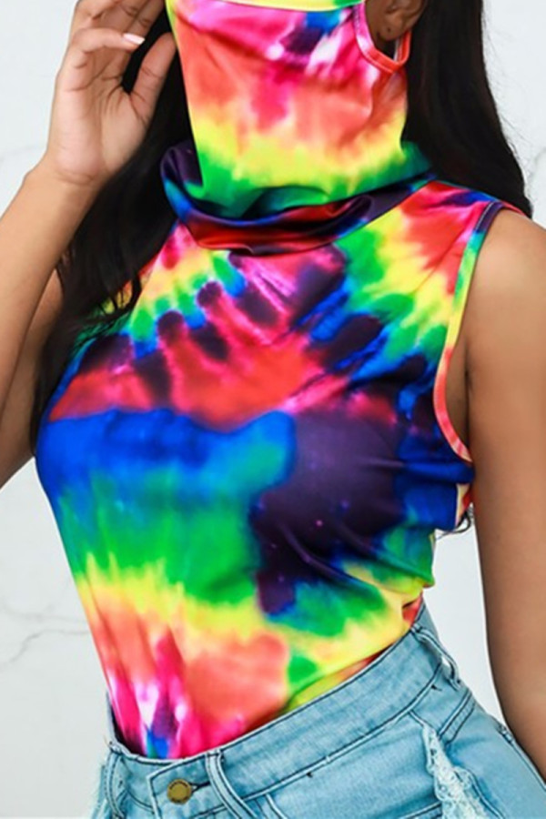 Deep Blue Sexy Casual Print Tie Dye Vests Tops