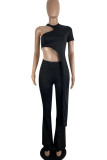 Black Sexy Solid Hollowed Out Patchwork Asymmetrical O Neck Short Sleeve Two Pieces