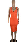 Tangerine Red Sexy Solid Patchwork Fold V Neck One Step Skirt Dresses