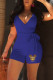 Royal Blue Fashion Sexy Print Patchwork V Neck Rompers
