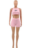 Pink Sexy Print Patchwork O Neck Sleeveless Two Pieces