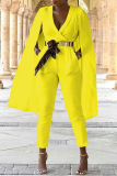 Yellow Casual Solid Patchwork V Neck Regular Jumpsuits