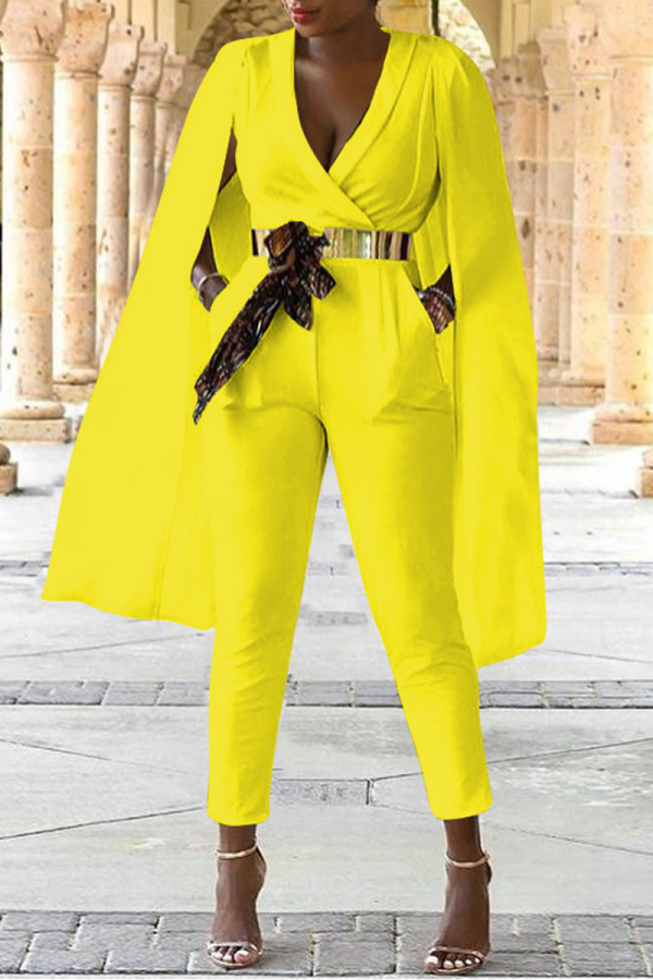 Yellow Casual Solid Patchwork V Neck Regular Jumpsuits