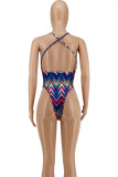 Blue Fashion Sexy Print Backless Swimwears