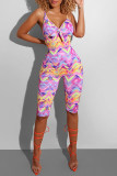 Purple Fashion Sexy Print Backless V Neck Skinny Romper