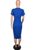 Blue Fashion Casual Solid Hollowed Out Slit V Neck Short Sleeve Dress