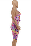 Purple Fashion Sexy Print Backless V Neck Skinny Romper